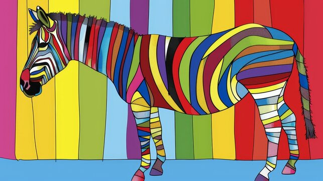   A colorful zebra stands before a vibrant wall with vertical stripes on its sides