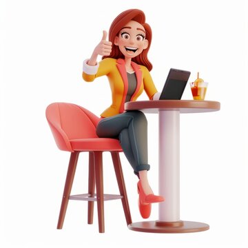 3D Render of a stylish cartoon woman sitting at a bar, ordering drinks on a tablet and showing a thumbs up, on isolated white background, Generative AI