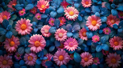   A bouquet of pink and blue flowers arranged in a vibrant mix of blue and pink hues - obrazy, fototapety, plakaty