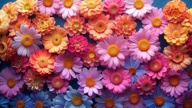   A close-up photo of multiple colorful flowers arranged in the center against a blue backdrop