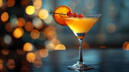   An orange cocktail, garnished with cherries, rests atop a table beneath a book of lights