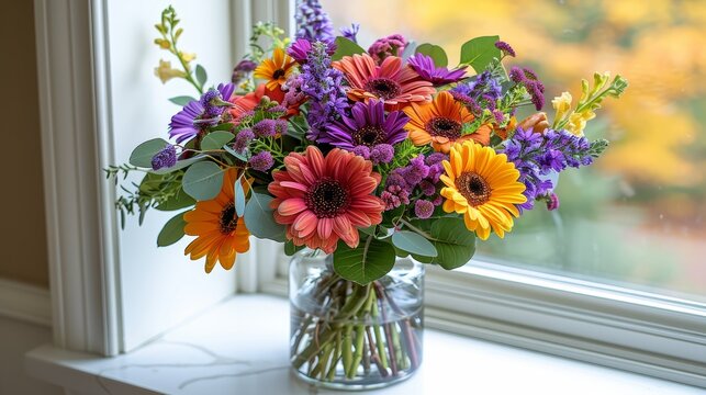   A vibrant vase overflowing with multicolored blossoms perched atop a sunlit windowsill adjacent to another