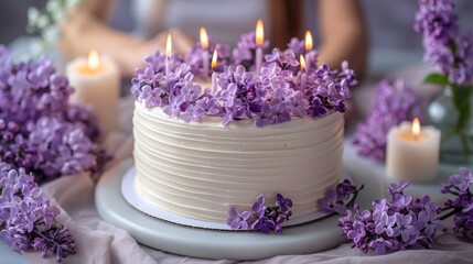 Obraz na płótnie Canvas A photo of a cake with purple flowers on top, taken from a close-up angle, featuring a person seated in the backdrop