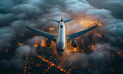 airplane in the sky with city view night time background. - 773703738