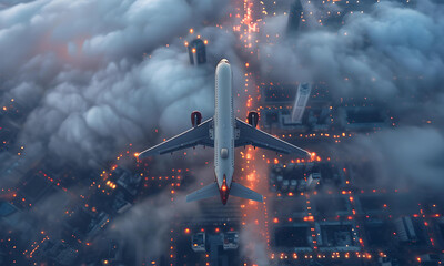 airplane in the sky with city view night time background. - 773703766