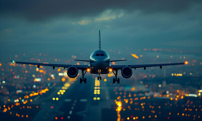 airplane take off or landing with runway view background. - 773703771