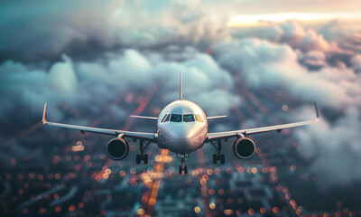 airplane take off or landing with runway view background. - 773703774