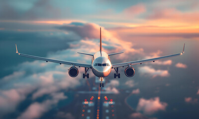 airplane take off or landing with runway view background.