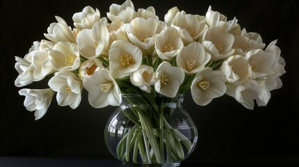 Naklejka na ściany i meble A white vase filled with flowers sits atop a table, framed by a black wall and background