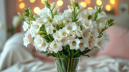   Vase with white flowers on white bedspread