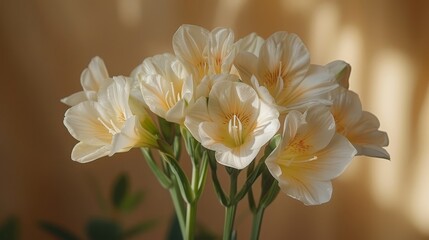   A white-filled vase sits on a wooden table near a window with a drawn curtain