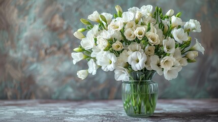  A vase brimming with numerous white blooms atop a table against a wall background