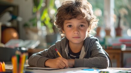 Focused young boy doing homework. A young boy focused on his homework with determination in a naturally lit home environment, embodying the concept of learning and education