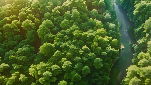 aerial view green forest with river. 4k video animation