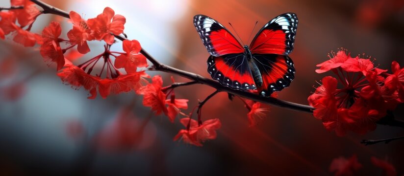 Red butterfly caught on camera perched delicately on a tree branch in a lush green forest setting