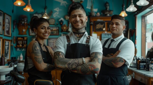 Tattooed barbers posing confidently in their shop. A group of tattooed barbers pose with confidence in their well-equipped barbershop