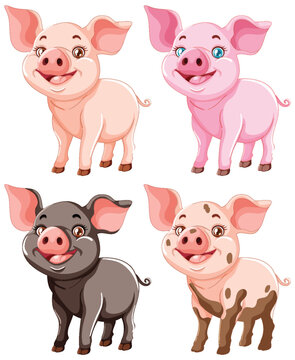 Four cute pigs illustrated in various poses.