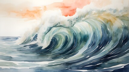 "Abstract watercolor big wave for textures. Realistic photograph capturing the intricate details and vibrant colors of an abstract watercolor painting depicting a big wave. The image evokes a fresh, c