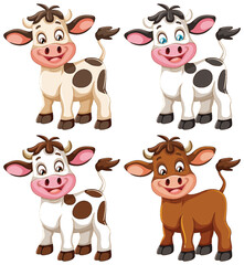 Four cute animated cows with different expressions.