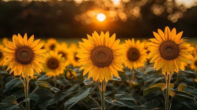   A stunning image of golden sunflowers basking in the fading light of the setting sun, illuminating the trees behind them