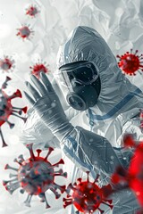A person wearing a full protective hazmat suit taking precautions against a disease outbreak or viral pandemic for safety and prevention