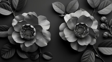  A monochrome picture of a bloom with foliage against a dark canvas, featuring an insertion point for the text