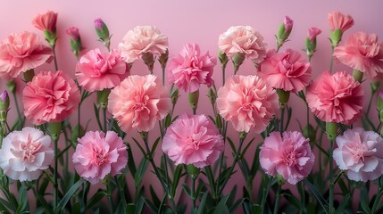   A cluster of pink and white carnations against a pink backdrop, framed by a pink wall in the background