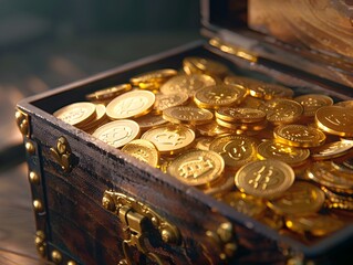 Gleaming Treasure Chest Filled with Piles of Shimmering Gold Coins Symbolizing Wealth Financial Security and Prosperity