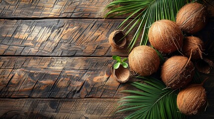 Fototapeta na wymiar A group of coconuts resting on a wooden table beside a palm leaf and a green plant