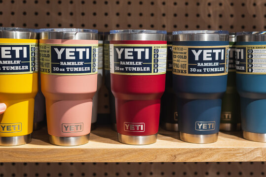 A row of Yeti tumblers in a store on March 3, 2024, in Bangkok, Thailand.