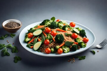 Salad with quinoa, spinach, broccoli, tomatoes, cucumbers and carrots