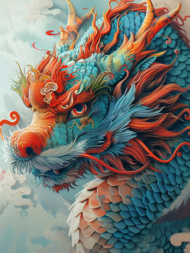 Dragon fantasy illustration in colorful style. This dragon is famous in Chinese folklore and culture