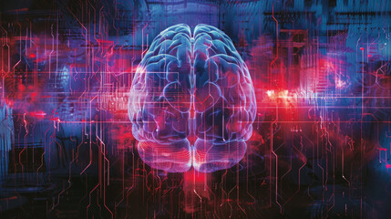 An intricate digital art piece featuring a brain network with a red and blue overlay resembling digital circuitry - Powered by Adobe