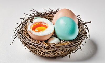A vibrant egg resting in a nest, revealing a surprise: a smaller purple egg nested within