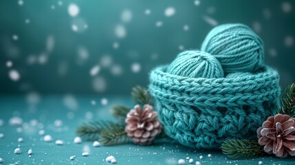   A blue knitted basket with yarn balls, a pine branch and snowflakes on a blue background