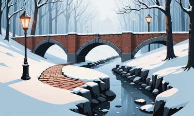 Brick wall in winter forest vector background frozen garden with stone viaduct or bridge with balustrade nature wallpaper environment game area location with masonry fence and white snow light beam