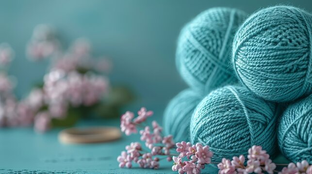  A cluster of knitted balls resting atop a table, alongside a bouquet of baby's breath blossoms