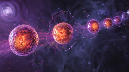 Digital illustration of vibrant, fiery spheres trailing in a violet cosmic nebula filled with stars...