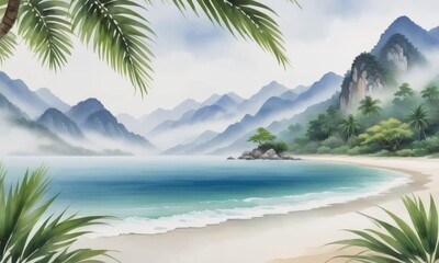 A defocused summer background of a beach with palm leaves in the corners, suitable for product placement or copy space