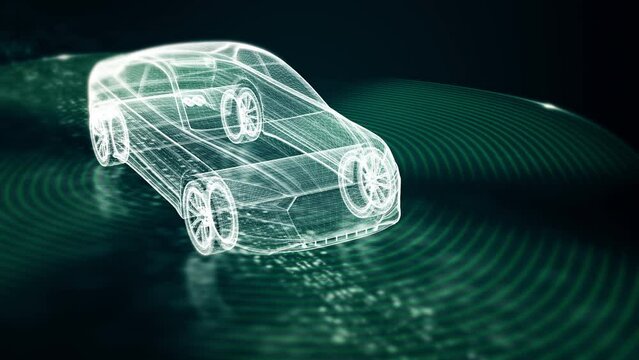 Advanced motion graphics illustrate an autonomous vehicle equipped with self-awareness and comprehensive environmental sensing, capable of operating independently without human involvement