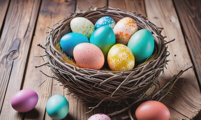 Fototapeta na wymiar Colorful Easter eggs arranged inside a nest on a wooden table