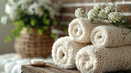   A stack of white towels on a wooden table alongside a floral vase
