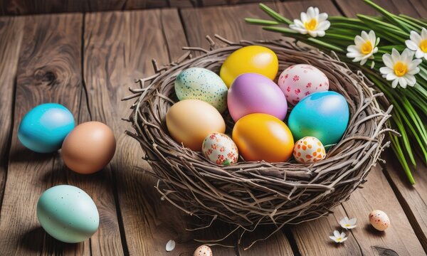 Colorful Easter eggs arranged inside a nest on a wooden table