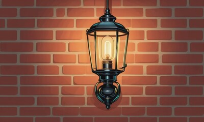 An antique lamp emits a soft glow, illuminating an old brick wall