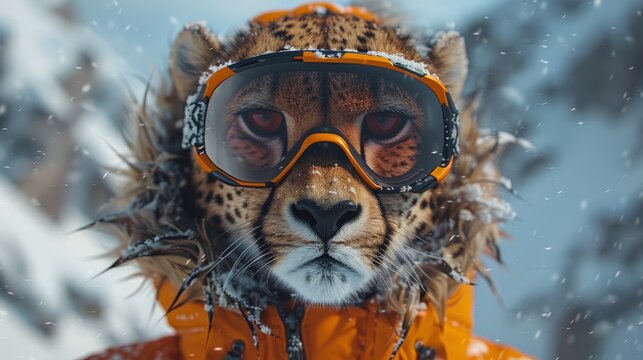   Close-up of a Cheetah in Yellow Jacket & Goggles with Snow Flakes