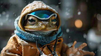   A detailed photo of an animal toy in winter clothing, complete with eyewear and a snowflake adorning its head - obrazy, fototapety, plakaty