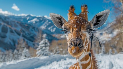   Giraffe's face in snowy mountains