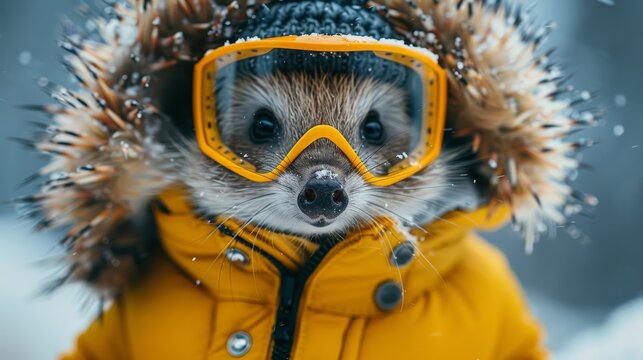   A close-up photo of a tiny creature adorned in a yellow jacket and a hood and goggles