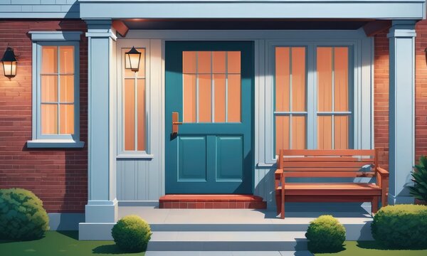 A cartoon vector background depicts a country home with a brick wall facade, featuring a porch, door, and window at night