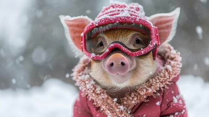   A pig in a red jacket, goggles, and red hat with matching goggles on its head